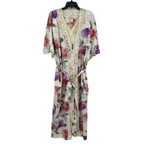 Natori Vintage Cream Floral Pink Lace Trim Satin Feel Maxi Gown Matching Robe S
